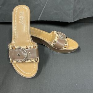 FRANCO SARTO Animal Faux Hair Print Slip On Wedge Sandal 8M Brown Buckle 3" Heel